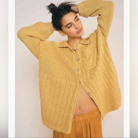 FREE PEOPLE Gold mustard SAY ANYTHING chunky shawl collar Cardigan Size XS - Picture 2 of 3
